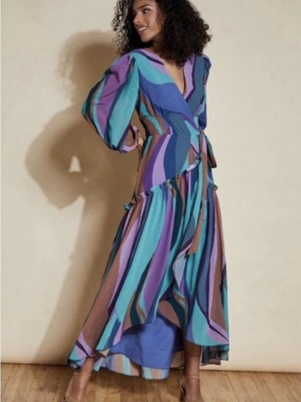 Hutch Multicolor Striped High-Low Wrap Dress in Teal, Purple & Brown Size M